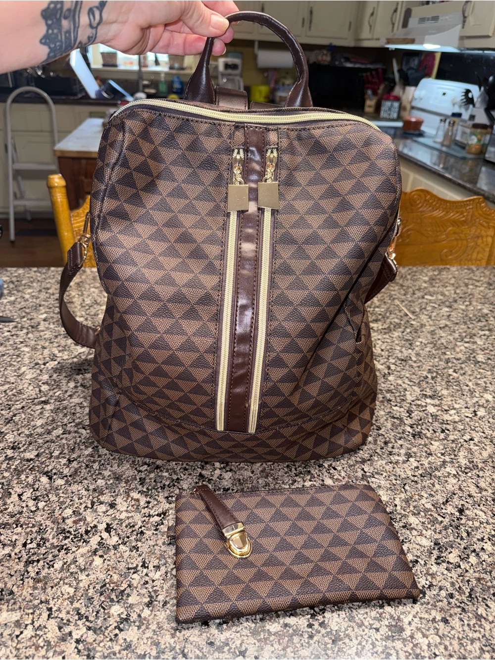 Brown Geometric Pattern Convertible Backpack - Picture 5 of 7